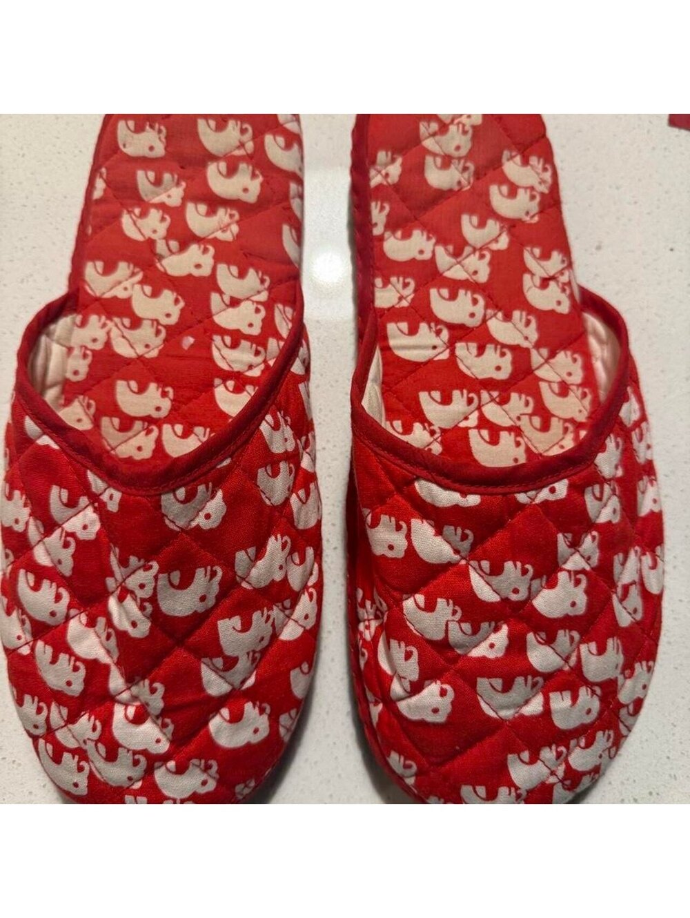 Red Quilted Elephant Print Slip-On House Slippers